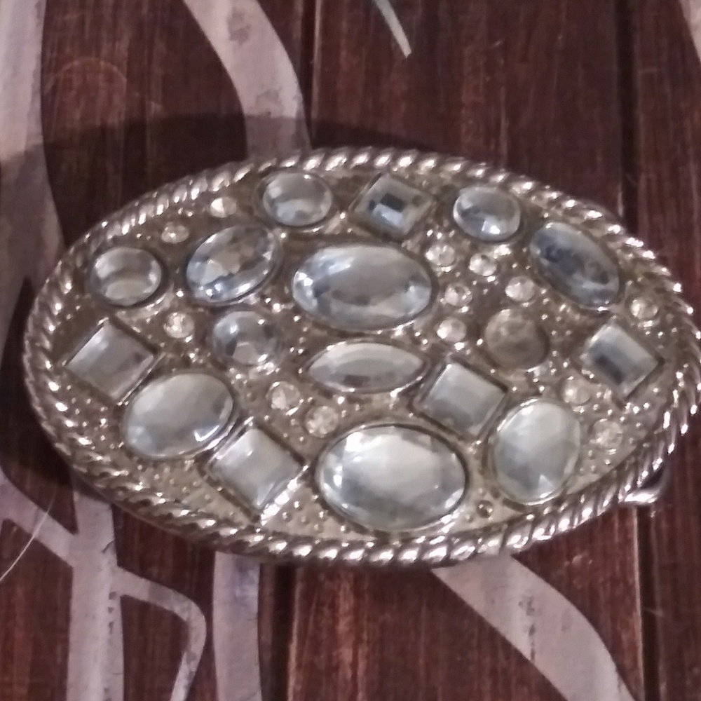Belt Buckle Rhinestones silver oval  3.25"×2.5"